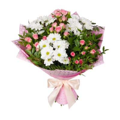 Букет «Волшебный сад» – гармония кустовых роз и белоснежных хризантем Тихвин Ленинградская область