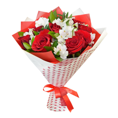 Букет из красных роз и белоснежных альстромерий – гармония страсти и нежности Тихвин Ленинградская область