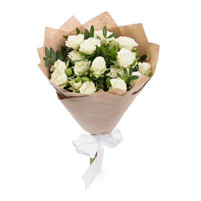 Изысканный букет из 5 белых кустовых роз с фисташковой зеленью Тихвин Ленинградская область