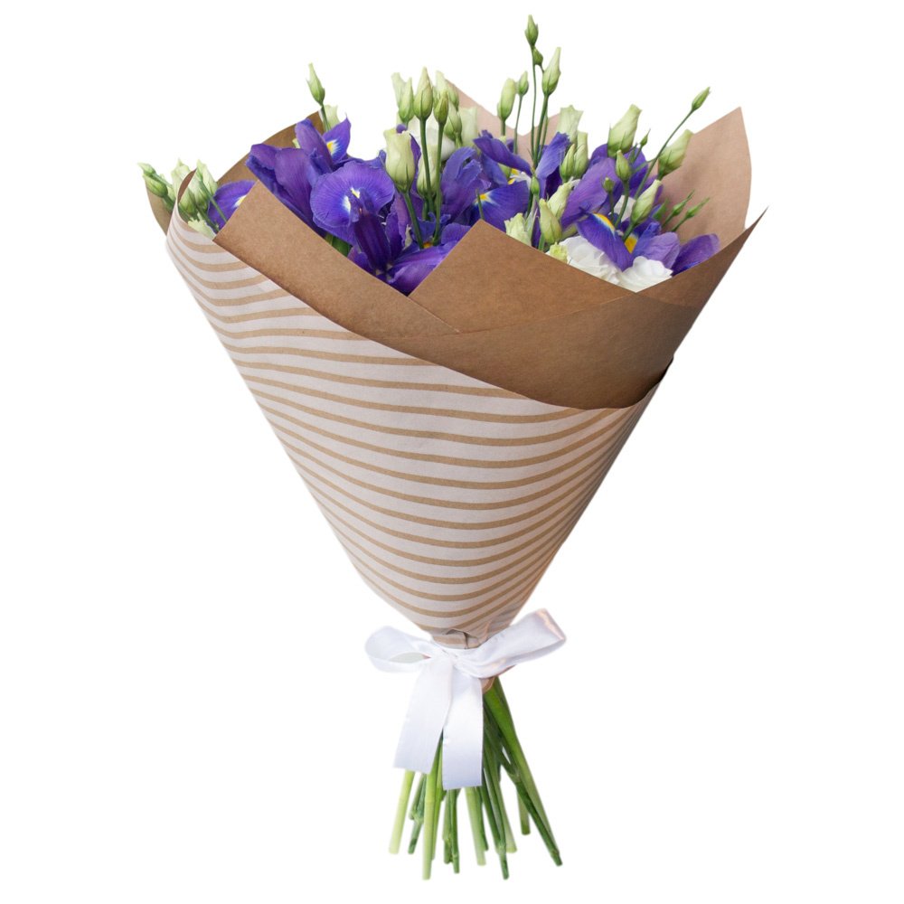 Изысканный букет из синих ирисов и белых эустом – гармония утонченности Тихвин Ленинградская область