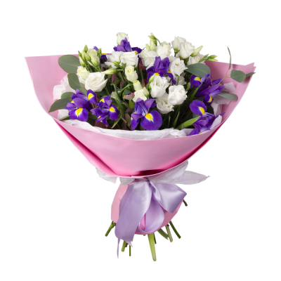 Букет «Подарок» – элегантная композиция из ирисов, эустом и эвкалипта Тихвин Ленинградская область