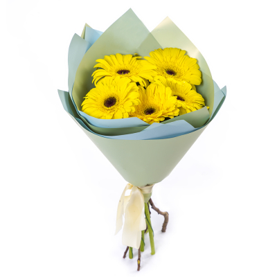 Яркий букет из 5 жёлтых гербер – как кусочек солнца в ваших руках Тихвин Ленинградская область
