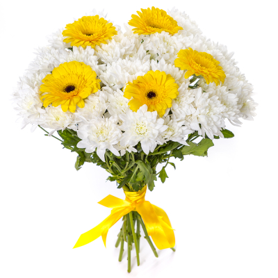 Солнечный букет из желтых гербер и белых хризантем – радость в каждом лепестке Тихвин Ленинградская область