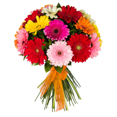 Букет «Мамба» – взрыв красок из оранжевых, лиловых и розовых гербер Тихвин Ленинградская область