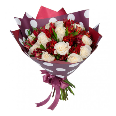 Букет из белых роз и красных альстромерий – гармония страсти и чистоты Тихвин Ленинградская область