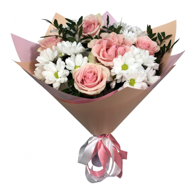 Букет из розовых роз и хризантем – нежность и долговечность Тихвин Ленинградская область