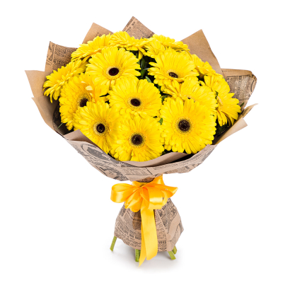 Пышный букет из 15 жёлтых гербер – как луч солнца в ваших руках Тихвин Ленинградская область