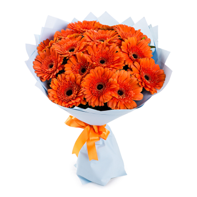 Яркий букет из 15 оранжевых гербер – как кусочек солнца в ваших руках Тихвин Ленинградская область
